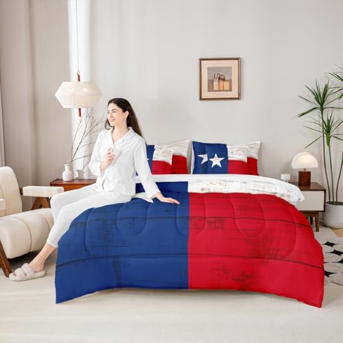 Image of Western Texas Star Comforter Set 7 Piece Bed in a Bag Twin | Vintage American Flag Bedding Sets Cowboys Gifts White Red and Blue Comforter and Sheet Set,Grunge United States Flag Farmhouse Bed Sets