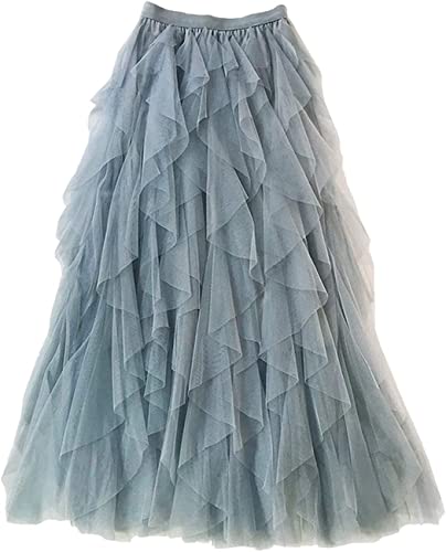 WERTYT Tutú de Tul para Mujer Falda, Faldas largas Vintage de línea A, Enagua escalonada de Malla de Organza Baile de graduación Fiesta Disfraz Elegante (Talla única,Gris Azul,Talla única) Cover