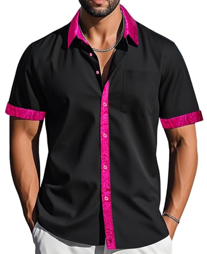 Barry.Wang Mens Short Sleeve Dress Shirts Black Hot Pink Paisley Casual Button Down Collar Cuff Pocket Contrast Formal Shirt