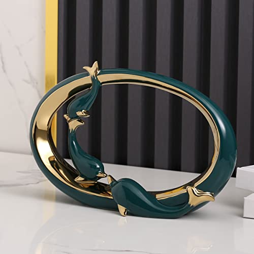 Green Gold Ceramic Dolphin Figurines - Coastal Home Decor, Modern Ocean Centerpieces For Living Room, Dining Area, Office, Coffee Table, Beach House, Nautical, Seaside, Entrance, Shelf Display #TOP5