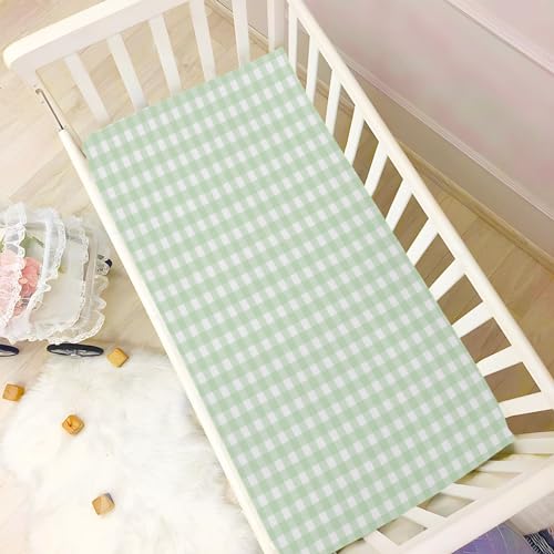 Image of Green Gingham Checkered Crib Sheets for Boys and Girls, Fitted Baby Crib Sheets Soft ​Crib Mattress Sheets 39 X 27 Inches