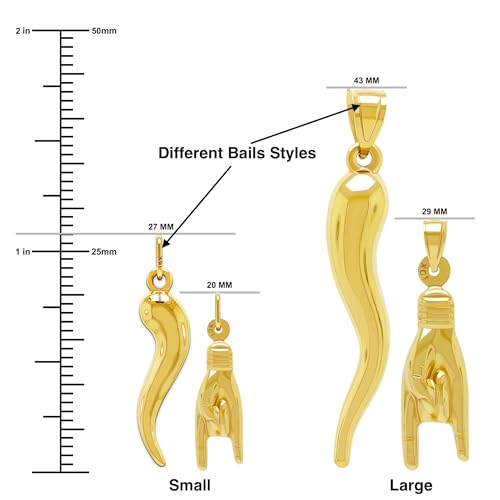 Gold Italian Horn with Hand Sign Pendant - 10 Karat Gold - 3D Good Luck Hand Sign - Italian Mano Cornuto Hand Symbol - Cornicello Charm Pendant - Multiple Sizes to Choose From3