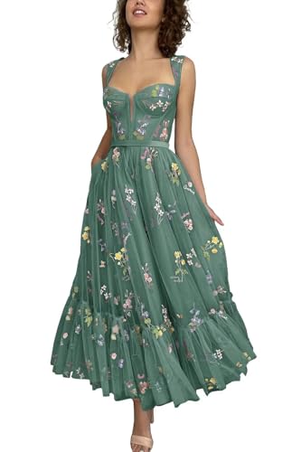 Fivsole Women's Midi Floral Prom Dresses Flower Embroidered Short Formal Tulle Evening Party Gown
