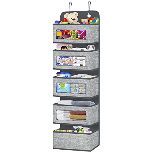 Image of Over the Door Hanging Organizer Storage with 5 Large Pockets-Over Door Pantry Organizer with Clear Windows and 2 Widened Metal Hooks for Bathroom,Diapers,Nursery,Closet,kitchen,Bedroom,Dorm(Celadon)