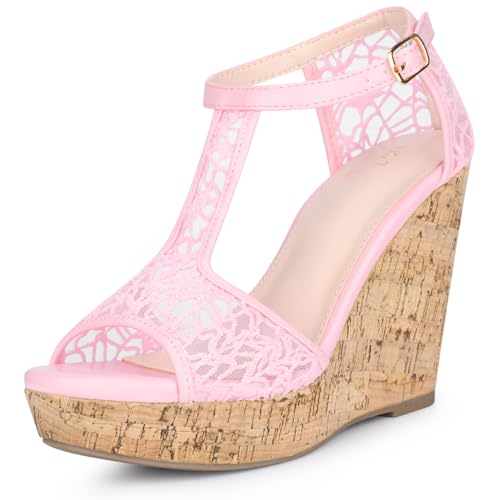Sandales compensées bout ouvert femme Perphy en dentelle fine avec sangle en T ajustable