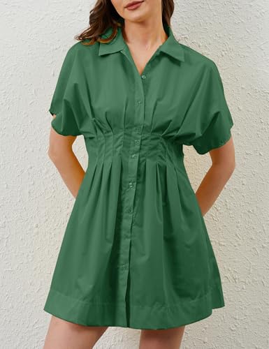 Image of MISSACTIVER Women Pleated Button Down Shirt Dress Short Sleeve Striped Corset Mini Dresses Casual Summer Short Dress