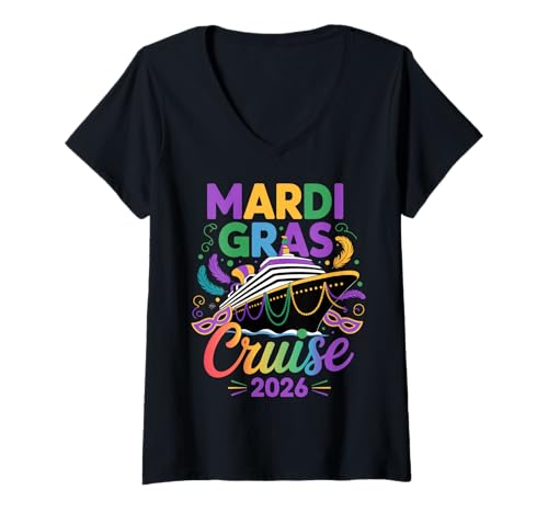 Womens Mardi Gras Cruise 2026 Enthusiast Fun Vacation Celebration V-Neck T-Shirt