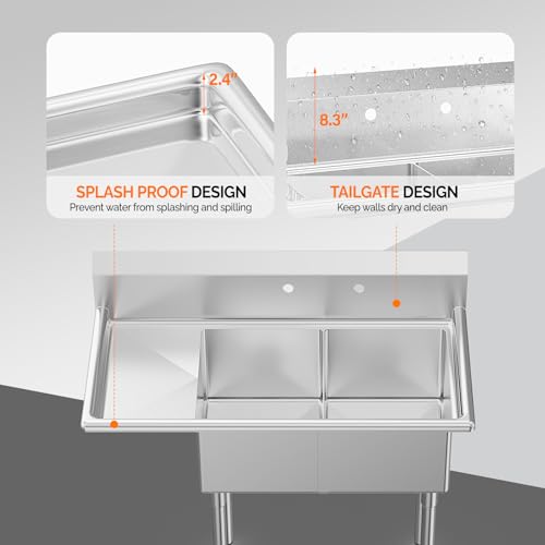 image for ROVSUN NSF Commercial Sink, Stainless Steel with 2 Compartment and Lef