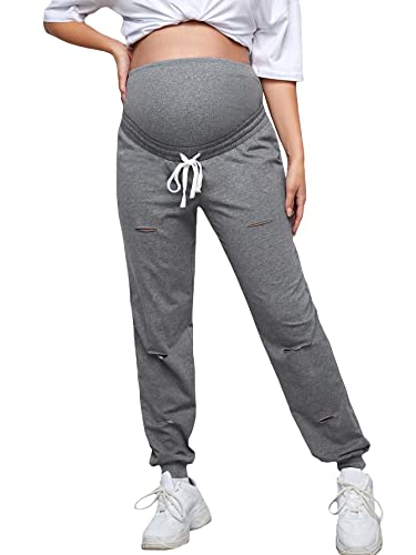 Image of Floerns Women's Maternity Drawstring High Waist Solid Ripped Sweatpants Grey XL