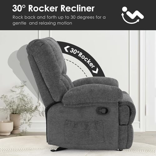 Image of Oversized Rocker Recliner Chair for Adults, Wide Rocker Chair with Adjustable Backrest Footrest, Oversized Reclining Sofa for Living Room, Bedroom, Gray
