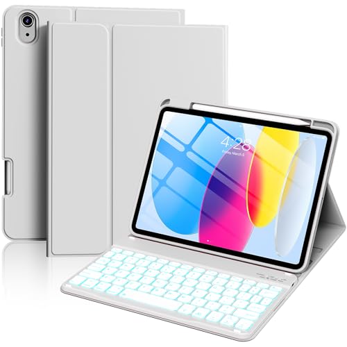 aoub for iPad 11th 10th Generation Case with Keyboard -7 Color Backlit Wireless Detachable Keyboard, Folio Cover with Pencil Holder for iPad (A16) 11 inch 2025/10th Gen 10.9 inch 2022, Gray