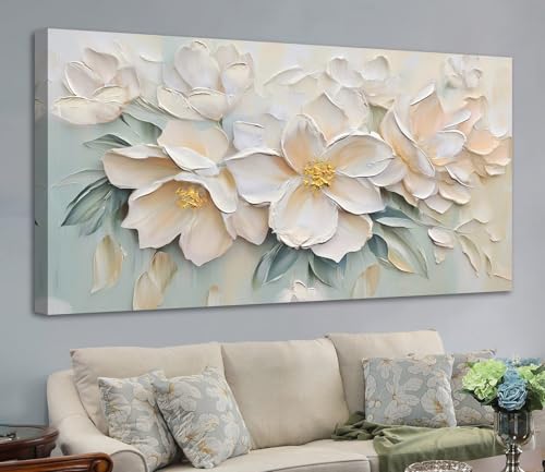 Anolyfi White Textured Flowers Canvas Wall Art for Living Room, Modern Aesthetic Sage Florals Painting Wall Decor for Christmas Gift Hallway Bedroom Dining Room Office Home Decor 40"x20"