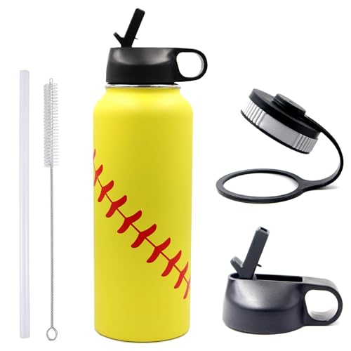 40 oz Softball Baseball Water Bottle, Flask Sports with 2 Lids 18/8 Stainless Steel Tumbler Double Wall Vacuum Insulated Hot/Cold...