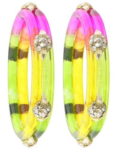 Image of NMII Diamond Glass Bangles Crystal Kada Set For Women & Girls Adorned with Golden Zircon Stones | Trending Girls Bangles Bracelet | Transparent Chudi Kangan For Wedding, Party, Daily, Ethnic- Set of 2