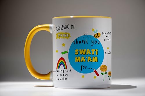 Image of DAYS Thank You Teacher Personalized Mug Custom Teacher's Name Teacher on Birthday Helping Me to Grow Teachers Gift for Teacher Coach Mentor Guide Ceramic Mug 11oz (Yellow Mug)