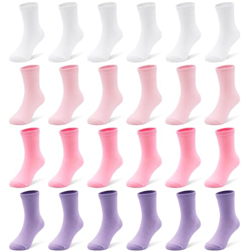 LAETBBE 24 Pairs Girls Socks Kids Toddler Crew Socks Girls Athletic Sock Kid School Sock for 1-14 Years