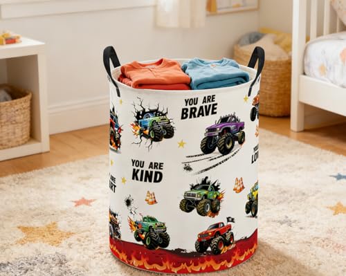 Image of ESSME Laundry Basket,Monster Truck Hamper Collapsible Canvas Storage Bin, Cute Hamper,Gift Baskets(Flame Truck)