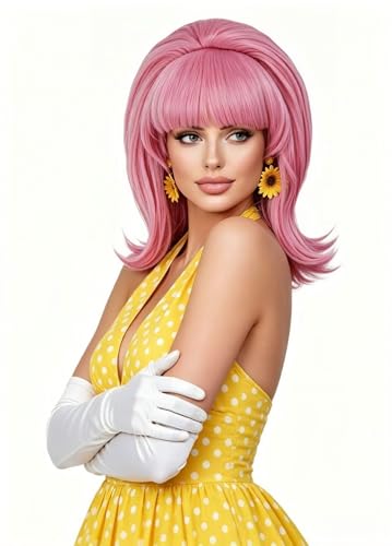 Rugelyss Vintage Short Wavy Pink Wig with Bang Retro Bouffant Beehive Wigs fits 60s 70s 80s Costume or Halloween Party