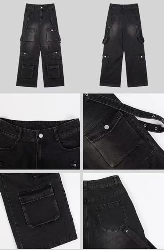 Baggy Cargo Pants for Men Women Wide Leg Jeans Y2k Hip Hop High Waisted Pants Casual Streetwear Grunge Clothes Black4
