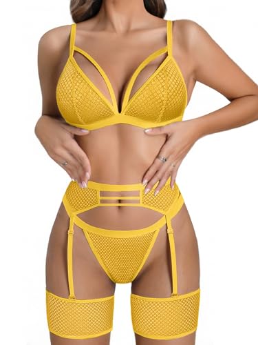 Image of popiv Women's Sexy Lingerie Set with Garter Belt Matching Bra and Panty Lingeries Sets 4 Piece