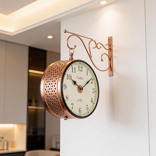 Image of CRAFTEL Double Sided Station Wall Clock Multi-Layer Electroplated | Both Side English Numerals | Aluminum Matte-Finish Dial Brass Body | Dial - 8 Inches, Rose Gold | 365 Days Warranty