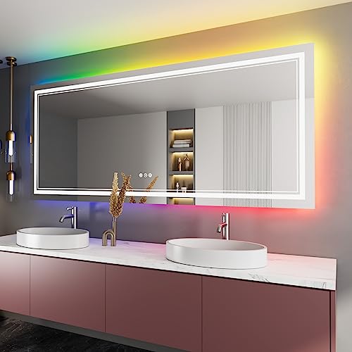 88x38 Inch RGB LED Bathroom Mirror with Lights, Color Changing RGB Backlit LED Mirror for Bathroom,Lighted Vanity Mirrors for Bathroom Wall, Dimmable, Anti-Fog (RGB Backlit+Front-Lit)