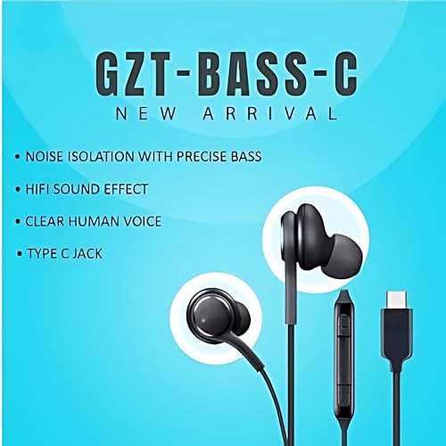 Image of GZT BASS-C Type C Wired Earphone with Powerful HD Mic for Clear Sound, in-Line Volume Controller & Noise Cancellation Compatible with All Android & iOS Devices with CType Jack- White