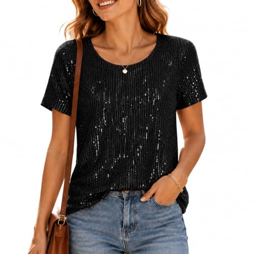 Sparkly Tops for Women Short Sleeve Crew Neck Sequin Shirts Holiday Blouse