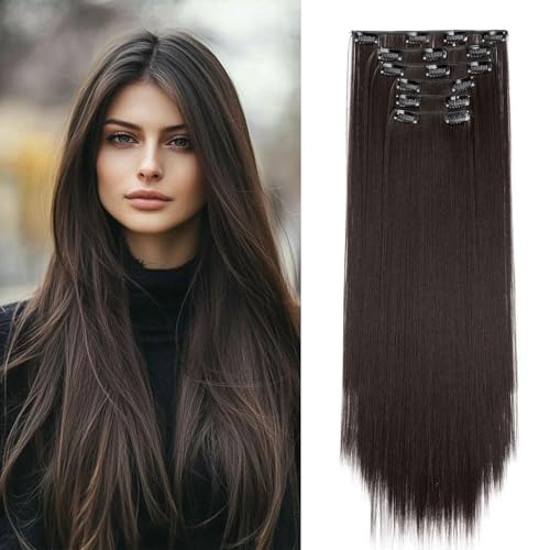 Cybelleza Extensiones de Clip de Pelo Natural Liso 65cm 6 Piezas Extensiones de Cabello Postizo Sintético Lacio Largo Cabeza Completa para Mujer, Marrón castaño