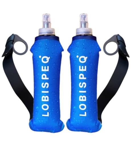 LOBISPEQ®️ - Pack de 2 Soft Flask 500ml con Correa Libre de BPA | Botella Plegable Agua Para Running, Trail Running o Cualquier Deporte | Botella Agua Running de TPU (CORREA, AZUL)