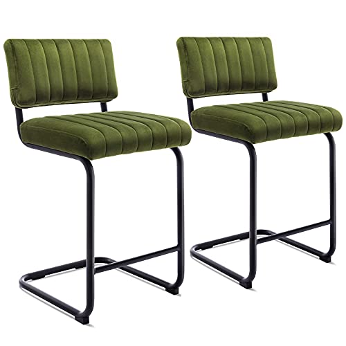 Image of ONEVOG 24.6'' Counter Height Bar Stools Set of 2, Mid-Century Modern Counter Height Cantilever Chairs for Kitchen Island, Upholstered Velvet Fabric Barstools with Back and Metal Leg, Olive Green