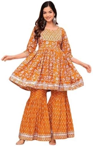 Women's Rayon Printed Sharara Suit Set, Pink Floral Pattern, 3/4 Sleeve Top with Sharara Palazzo Pants
