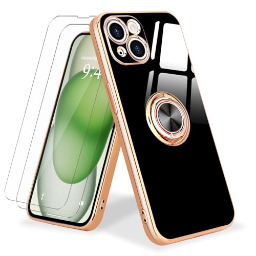 Urarssa for iPhone 15 Plus Case with Stand 360° Rotatable Ring Holder Magnetic [with 2 Screen Protector] Kickstand Gold Plating for Women Men Shockproof Protective Phone Case for iPhone 15 Plus, Black