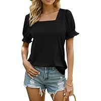 Cnlinkco Womens Tops Dressy Casual 2025 Summer Square Neck Short Ruffle Sleeve T Shirts Soft Trendy Blouse Fashion Clothes Black