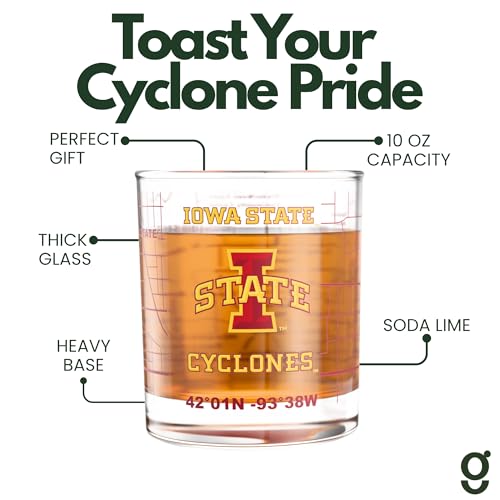 Image of Greenline Goods Iowa State University Cyclones Whiskey Glasses Set of 2, 10 oz Rocks Glasses with Full-Color Logo & Campus Map - Officially Licensed Bourbon Glass Gift for Alumni & Fans
