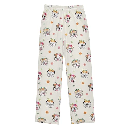 Boys' Pants Cartoon Bulldog Face Flower Long Bottoms Jogger Pants Elastic Waist Trousers with Pockets S-XL