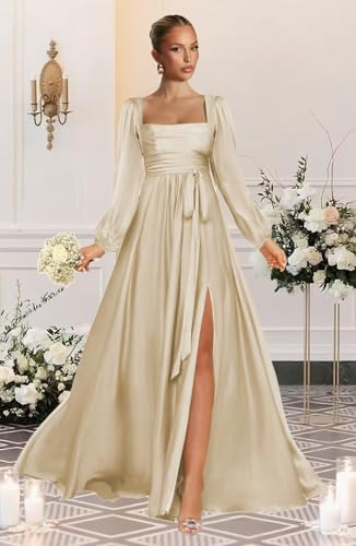 Satin Bridesmaid Dresses with Slit Long Sleeve Square Neck A Line Maxi Formal Dress OE673