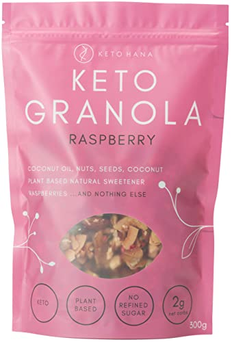 Keto Hana Raspberry Breakfast, Snacking Granola, Just 2g Net Carbs, High Protein, Healthy Keto Diet Granola (Two 300g/0.6lbs Bags)