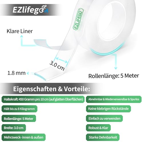 EZlifego Doppelseitiges Klebeband Extra Stark, Transparent Nano Tape, Abnehmbar Wänden Klebestreifen, Klebriges Posterband zur Dekoration, Poster Strips Klebepads, Double Sided Tape - 5 meter
