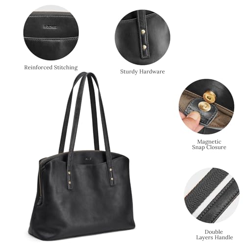 Image of S-ZONE Leather Tote Bag for Women Large Capacity Shoulder Handbags Purses | Full Grain Leather, Large Capacity, Fits 15.6-Inch Laptop, Work or Commute, Bottom Metal Feet