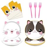 96 Pieces Cat Party Supplies Cute Kitten Birthday Theme Tableware Set Decorations Kitten Disposable Dinnerware Paper Plates and Napkins Forks for Cat Theme Birthday Baby Shower Party Favors 24 Guests