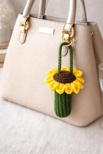 Image of Handmade Crochet Sunflower Lipstick Holder for Purse | Cute Lip Balm Holder Keychain | Bag Charm Accessory for Women & Girls