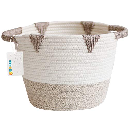 OYHOMO Petit Panier de Rangement en Corde de Coton Tissé Boîte de Rangement Rond pour Organiseur de Bureau, Bébé Jouets, Maquillage - Blanc et Marron Chiné Cover