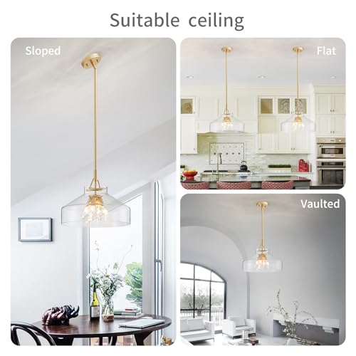 Image of WUZUPS Chandelier Rustic Farmhouse Industrial Round Ceiling Pendant LED Light Fixture with Clear Glass Shades for Dining Room Kitchen Island Foyer Entryway, H 11.8 inch W 15 inch, E26 Base, Gold