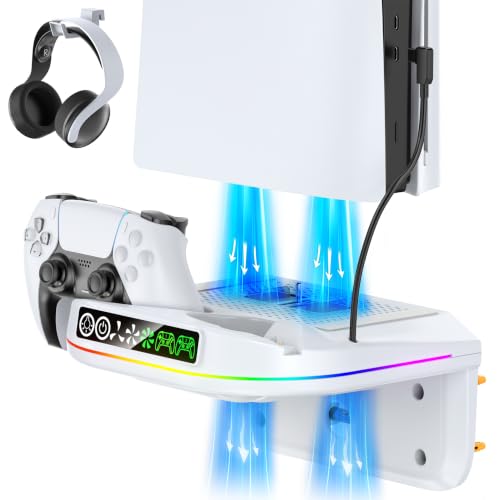 P5 Wall Mount Kit Cooling Station with Dual Controller Charger, Floating Shelf Behind TV for P5/Slim/Pro, Wall Bracket Compatible with P5 Disc &amp; Digital, 9 RGB Lights P5 Fan Accessories, White