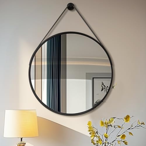 Artloge Specchio rotondo con cornice nera e cinturino in pelle per appenderlo da 60 cm, da appendere alla parete, senza luci, impermeabile, per bagno, camera da letto, ingresso, cornice moderna opaca