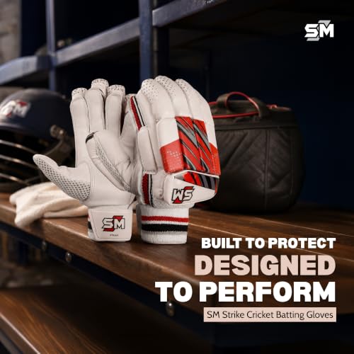Image of SM Strike Batting Gloves Men's Size | Cricket Gloves | Calf Skin Leather Palm | Fibre Mould Infused Protection | Pre-Bent Hinged Fingers | Moisture-Wicking Comfort | Club Cricket | Size Men's
