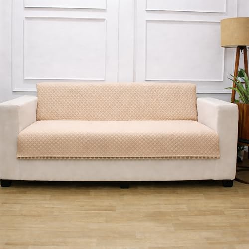 Image of STITCHNEST 'Maison Plush Series' Quilted Velvet Sofa Cover 1 Seater Fully Covered | Premium Soft Fabric, Washable & Fade Resistant | Beige Sofa Protector with Pompom | Size 24x60 Inch