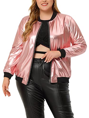 Agnes Orinda Women's Plus Size Metallic Jackets Sparkle Holographic Shiny Zip-Up with Pockets Bomber Jacket 2024