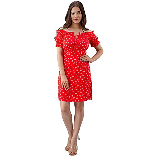 Image of Women Floral Print RED Color Off Shoulder Dress